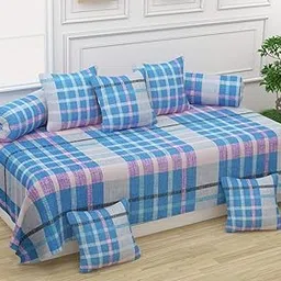 MORADO® 160 TC Glace Cotton 8 Pieces Diwan Set Including 1 Bedsheet, 5 Cushion Covers and 2 Bolster Covers, Sky Blue-image-68