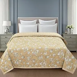 All-Weather Comforter for Double Bed 230x250 cms | Soft Microfiber AC Blanket/Duvet Ultrasonic Quilting Summer Lightweight, Reversible & Washable (Beige Gold Floral, Double 90x100)-image-83