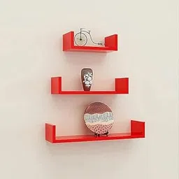 Hanging Floating Wall Mount Display U Shape Wall Shelf, Engineered Wood Wall Rack Shelf for Living Room Decoration, Showcase and for Storage (Set of 3, Red)-picture-25