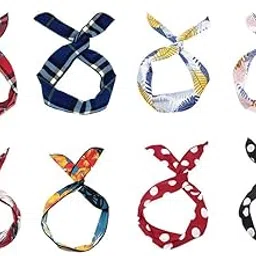 Twist Bow Wire Headbands 8Pcs Vintage Boho Floral Printed Bowknot Rabbit Ear Wired Head Wrap Hair Band Holder Accessory for Women and Girls-image-95