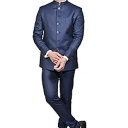 A.P. Designers Men's Navy Blue Bandhgala Suit | Traditional Mandarin Collar Blazer with Trousers | Formal Indian Wedding Suit-image-0