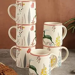 Ceramic Tea Coffee Cups Set of 6 Matte Printed Small Chai Mug Set of 6 Drinkware Microwave Safe for Home & Restaurant-300 ml-Color-Cream Red (Pack of 6)-picture-55