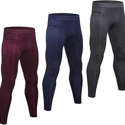 homgeel 3 Pack Men Pants Stretchable Bodycon Moisture-Wicking Quick Dry Zipper Pocket Running Tights Workout Leggings Sportswear image 1