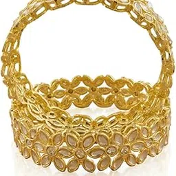 cz stone Luxurious Gold-Plated Kundan Bangle Set with Floral Motif Set of 2 Bangles image 1