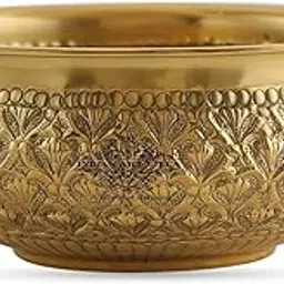 INDIAN ART VILLA Decorative Handicraft Golden Brass Urli Bowl with Embossed Design for Home Decor, Width - 8 Inches-image-1