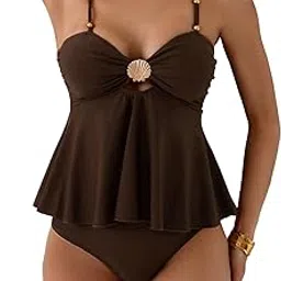 Women's 2 Piece Tankini Sets Shell Metal Beaded Cutout Ruffle Hem Tops Beach Swimsuits-image-11