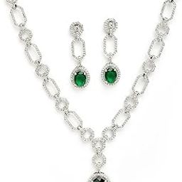 zeneme Rhodium Plated Brass Silver Toned Green American Diamond Studded Contemporary Detailing Neckalce & Earring Jewellery Set For Women-picture-39
