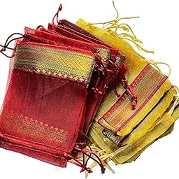 Krisah Pack of 50 pcs Potli Gift Pouches Bags, Small Size,18 cm X 12 cm, Golden & Maroon Organza Border-picture-16