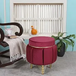 INTERIORS SPOT Ottoman Pouffes Sitting Mudda Puffy Wooden Leg Stool for Living Room Dressing Table Pouf Round Footstool for Home Decor, Holland Velvet, 16x16x18 Inch, Metal, Wine-image-80
