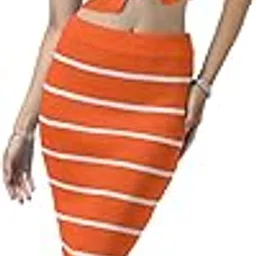 showoffff Women's Striped Orange V-Neck Crop Top and Skirt Co-Ords Set-CHN-83101_Orange-picture-15
