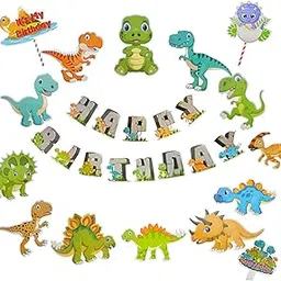 FI - FLICK IN 17 pcs Happy Birthday Dinosaur Theme Decoration Set Dino Figure Cutouts Props Cake Topper Dinosaur Theme Birthday Decorations Kit Jungle Safari Decor (Pack of 17, Multicolor)-image-21