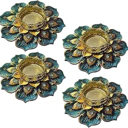 Decorative Tealight Candle Holder for Diwali, Peacock Design Metal & MDF Tea Light Stand, Handmade Lotus Pattern Rangoli Diya Holder for Home Decoration, Pooja & Gifting (Pack of 4)-picture-34