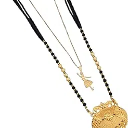 Women's Gold-Plated Long Mangalsutra with an Intricate Heart-Shaped Filigree Pendant and Black Beaded Chain, Paired with an Adjustable Gold-Tone Charm Necklace for a Layered Look-MD-086-image-57