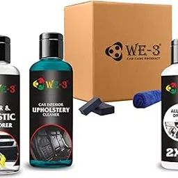 WE-3 Car Care Combo Kit - Pack of 6 (100ml) | All-in-One Dresser, Fiber and Plastic Restorer, Car Interior Upholstery Cleaner, 2 Sponges | Includes 500 GSM Microfiber Cloth-picture-15