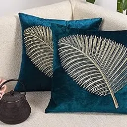 Decoghar Polyester Chinar Decorative Cushion Covers With Golden Zari Leaf Embroidered Cushion Cover 16 X 16 Inch Set Of 2 Turquoise Livingroom Sofa And Car Chair Pillow Cover,200 TC-image-83