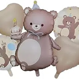 Party Port 5-Piece Teddy Bear Birthday Foil Balloon Bouquet - Matte Brown Tone Set with Hearts for Baby Shower and First Birthday Decorations-image-49