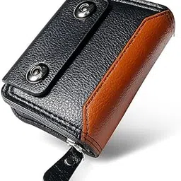 Classic Bi-Fold Wallet | Black & Brown Synthetic Leather | Snap Button Closure | Multiple Card Slots (6) & Side Pocket | Compact Size: 4.5 x 3.2 x 1.2 inc-picture-38