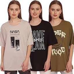 mack jonney Printed Round Neck Regular Fit Cotton Oversize Half Sleeves Tshirt for Women(Pack of 3)-MACK631223-picture-0