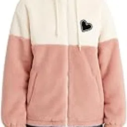 sanvali saloni Women’s Winter Fleece Hoodie Jacket – Soft Plush Two-Tone Pink & White Zip-Up Sweatshirt with Heart Embroidery | Cozy Warm Casual Wear-picture-13