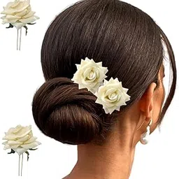 Hair Flare Artificial Plastic & Metal Rose Flower with An Abundance of Petals Design Hairpin/Hair Clip/Judabun | Bridal Hair Accessories, Wedding, Festival for Women & Girls - 2700, Set of 2-picture-34