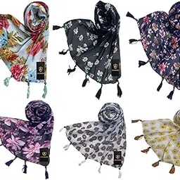 ™ Premium Multicolor Chiffon Scarf Lightweight & Comfortable for All Seasons with Pearl Tassels Combo of 6-(LDS126995)-image-54