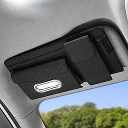 DETACHI Car Sun Visor Organizer with Tissue Paper, Sunglass Pen Card Small Document Storage Pouch & Phone Holder, Leatherette, Multi-Pocket with Zipper Net-(Black, 18X3X37CM) image 1