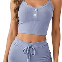 VSNAZ Women's Ribbed Lace Trim Cami Top and Shorts Pajama Set, Light Blue-image-1