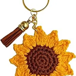 toje Handmade Crochet Sunflower Keyring with Tassel, Yellow and Brown, Crochet Keychain for Car, Motorbike, Bag, Purse, Knitting, Craft Materials, Crochet Keyrings & Keychains (Pack of 1) image 1