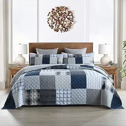 Yvooxny Queen Quilt Set Bedspread Reversible Plaid Grid Quilted Bedspread 3-Piece Real Patchwork Quilt Bedding Set ith Shams for All Seasons, Queen Size-image-54