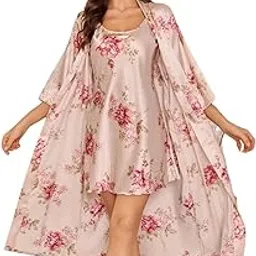 for you for me Women’s Premium Satin Floral Nightwear Set – Elegant Light Pink Short Nightdress with Matching Long Robe, Soft Silky Sleepwear for Women, Perfect for Night, Lounge & Bridal Wear-picture-34