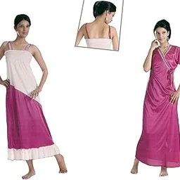 back Women's Satin Nightwear Set 2pc Nighty & Over Coat (1484A) White & Pink fits Size Large to X Large-picture-21