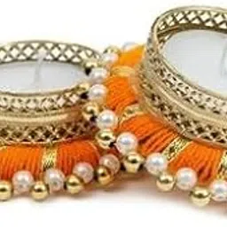Decorative Tealight Candle Holders with Multicolor Thread, Pearl Beads, Gold Metal Frame, Set of 2-picture-19