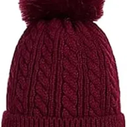 w+ Women's|Girl's Faux Fur Pom Pom Crochet Knitted Wool Skull Beanie Hat Cap (Red)-picture-11