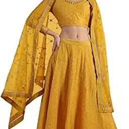 w for woman Yellow Metallic Embroidery Crop Top & Skirt with Dupatta Set-picture-31