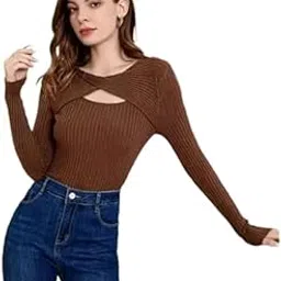 dealzone Women's Pollver Long Sleeve Round Neck Cotton Blend Crop Top image 1