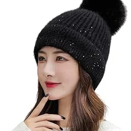 isweven Stretchable Pom Pom Beanie Winter Cap for Women Girls Woollen Knitted Hat Winter-Autumn (4127A, Black) - Free Size-picture-18