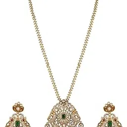 rubans 22K Gold-Plated Emerald Green & Cubic Zirconia Studded Long Necklace Set with Ruby Pink & White Pearls Beaded Accents for Women & Girls-picture-21