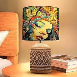 Decorcity Cylinder Wood Retro Farmhouse Table Lamp for Living Room Bedroom Rustic Linen Bedside Nightstand Lamps for Kids Room Study Office Wood, Dovel Pot Free LED Bulb Nakashi (Butterflies)-image-56