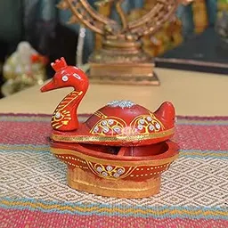 Shri Shri Handicraft Tika Chopra in Duck Shape Meenakari Work | Kumkum Box with Roli Chawal Tika Stick, Chawal | Akshat | Haldi Wooden Chopda for Gift and Pooja Decorative Purpose Item (Red) image 1