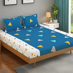 MollisHomes Bedsheets for Double Bed with 2 Pillow Covers|152TC, 100% Cotton Double bedsheet with Pillow Cover|225 x 250cm|Blue & White, Triangle Pattern|Home Decor |Ideal for Festive Gifting-image-82