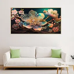 DEKORSTATION Luxurious 3d Multicolor Modern Floral Elements Floating Frame Big Canvas Painting|Modern Canvas Paintings for Wall Decoration|24x48 inch Canvas Painting-picture-19