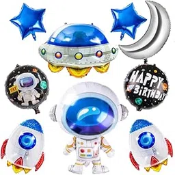 FI - FLICK IN 9 pcs Space Theme Birthday Decoration Kit UFO Rocket Silver Moon Foil Balloon Set Space Theme Astronaut Happy Birthday Decorations for Boys (Pack of 9, Multicolor)-picture-10