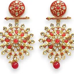 accessher Red Jhumka Earrings for Women | Gold Tone, Leaf Style with Red Studded Stones | Lightweight & Stylish Traditional Earrings for Women & Girls-picture-44