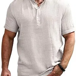 zombom Men's Casual Mandarin Collar Kurta | Half Sleeve Textured Poly Cotton Henley Kurta | Lightweight Breathable Summer Beachwear for Daily Office Travel Party image 1