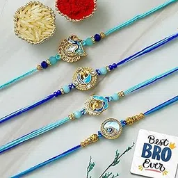 eCraftIndia Set of 4 Peacock Designer Rakhis | Best Bro Ever Fridge Magnet | Roli Chawal Pack | Peacock Rakhi for Brother Bhaiya Bhai Bhabhi Kids-image-0