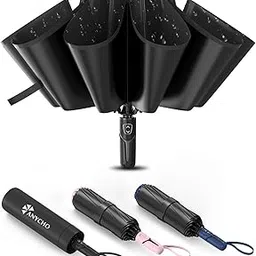 anycho Reverse Umbrella 3 Fold Durable 10 Bones Design, Compact Umbrella for Men & Women, Windproof Umbrellas for Rain, Perfect for Travel and Everyday Use image 1
