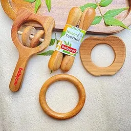 Babycov Natural Neem Wood Teether Set for Babies | Organic Teething Toy for Newborns (0–12 Months) | Eco-Friendly, BPA-Free, Wooden Teether Gift Combo for Infant Gifting & Pain Relief (Apple + Stick + Ring + HRattle)-image-63