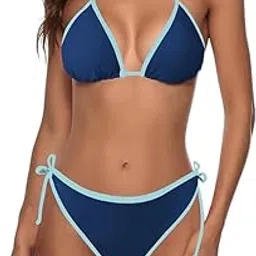 dream x fashion Women String Bikini Halter Side Tie Two Piece Swimsuit Color Block Triangle Bathing Site-picture-33
