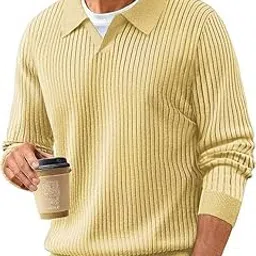 Men’s Ribbed Knit Pullover Sweater with Polo Collar – Soft Wool Blend, Full Sleeve, Casual Slim Fit Jumper for Winter & Fall-image-74