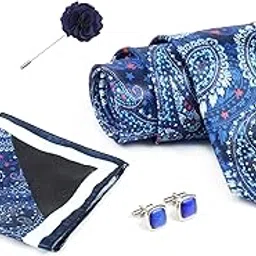 rizoro Navy Blue Mens Paisley Micro Print Silk Necktie Gift Set With Pocket Square Cufflinks & Brooch Pin Formal Tie With Wooden Box Free Size | (Wooden Gift Box) (Pack of 4) (RPL_35)-picture-10